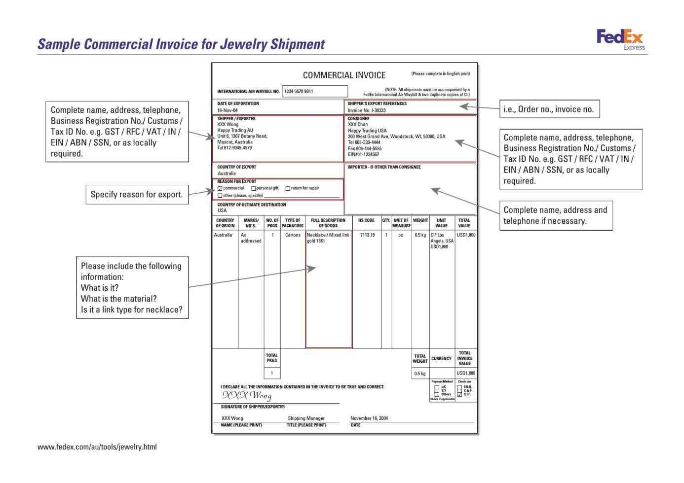 commercial invoice example format template
