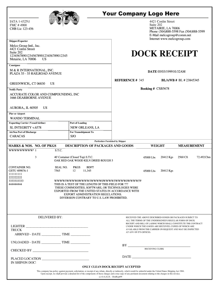 dock receipt example format template