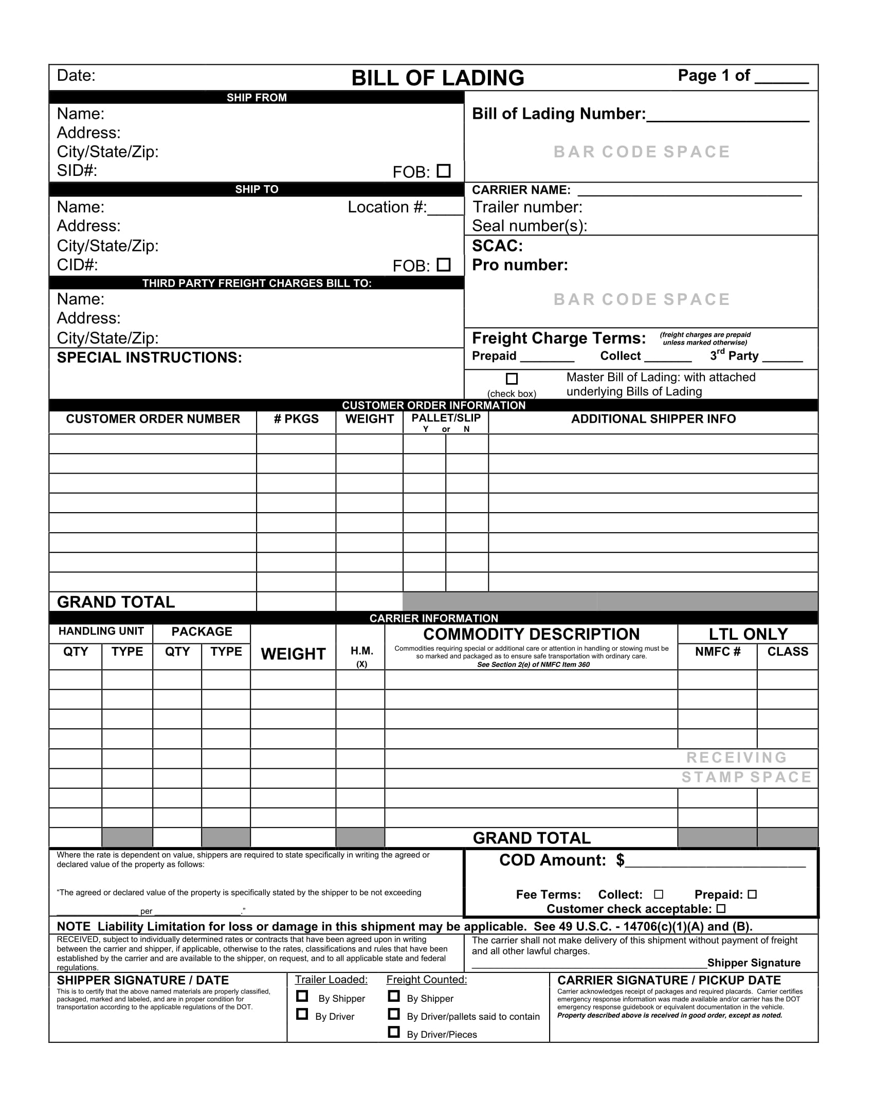 bill of lading example format